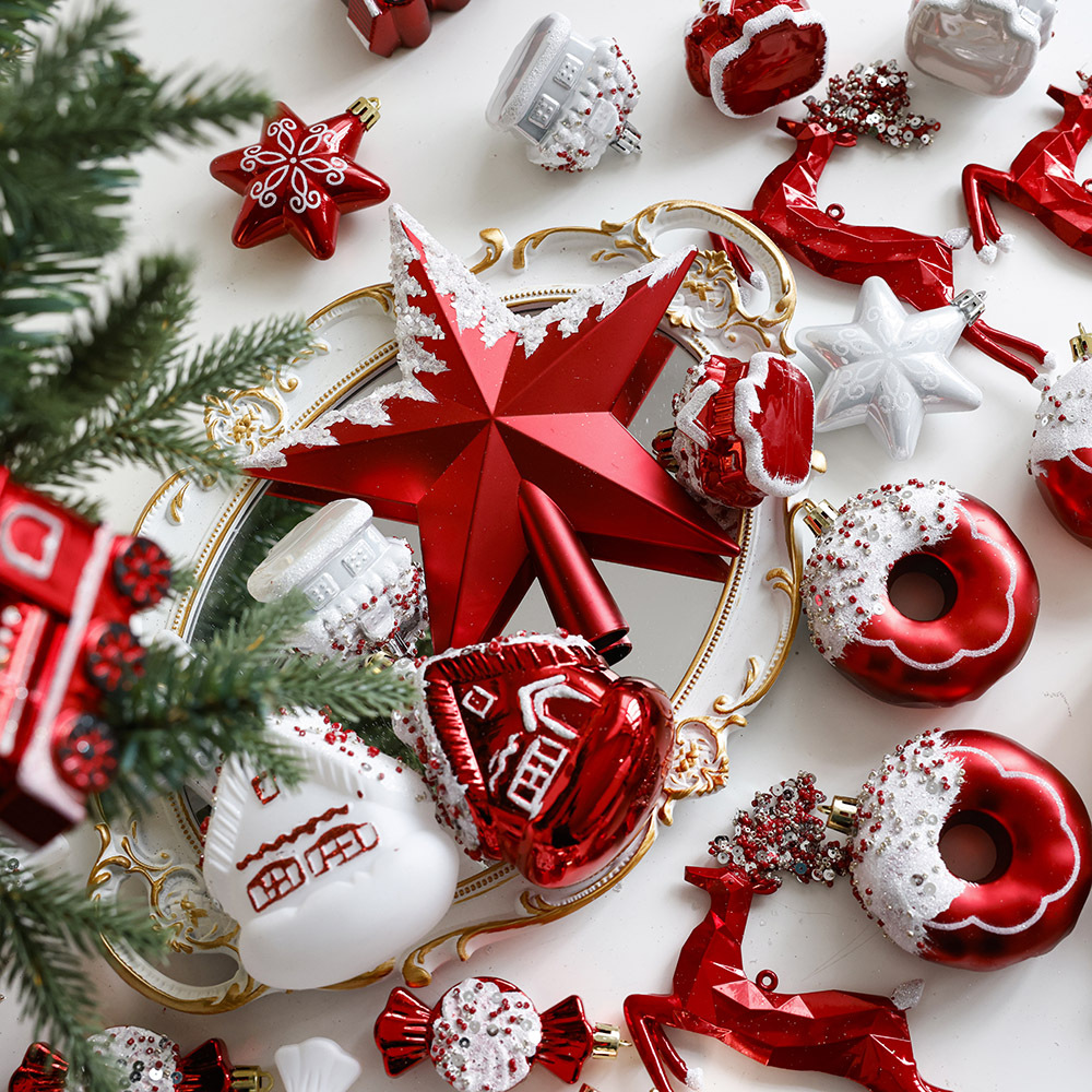 Bola de Navidad roja bola de plástico árbol estrella superior decoración del árbol de Navidad casa colgante donut PVC bola en caja