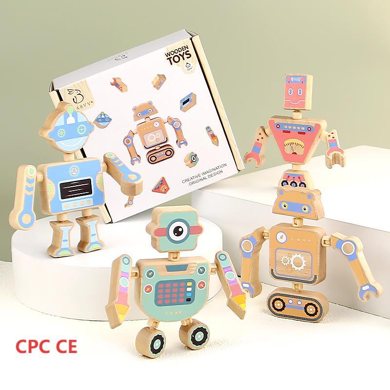 Los niños ensamblan una variedad de robots de madera, bricolaje creativo, bloques de construcción tridimensionales de madera, juguetes de coordinación mano-ojo