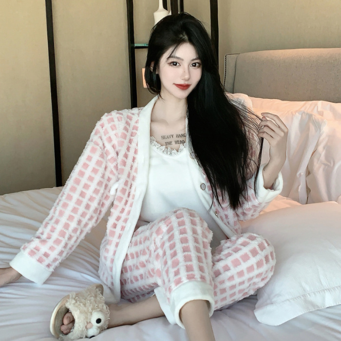 De alta calidad de tela escocesa de lana en línea popular de otoño e invierno de las mujeres de la Honda chaqueta de manga larga de tres piezas pijamas traje de desgaste para el hogar