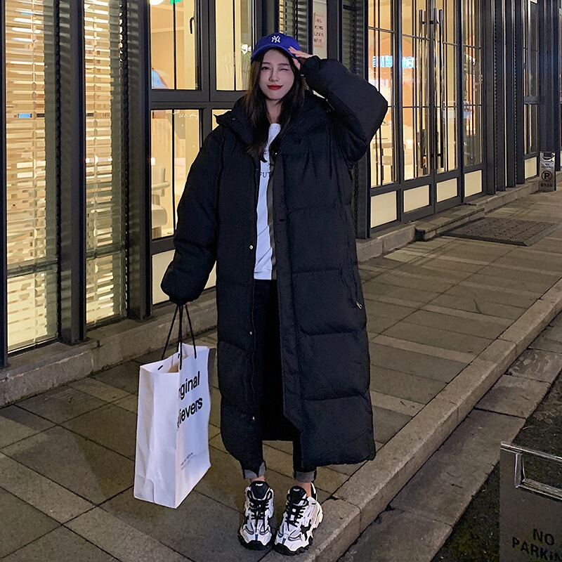 Black cotton-padded jacket women's winter 2024 new student cotton-padded jacket tide ultra-long knee-high explosions down cotton-padded jacket