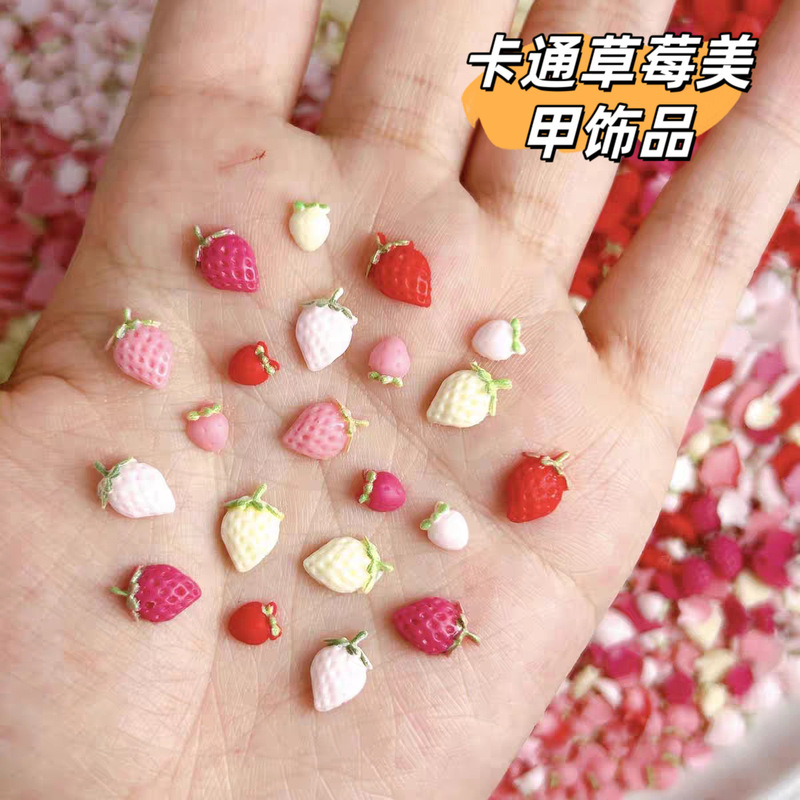 Creamy Strawberry Nail Art Accessories 2025 New Model 3D Light Pink Small Strawberry Fruit Wearable Nail Rhinestone Decorations