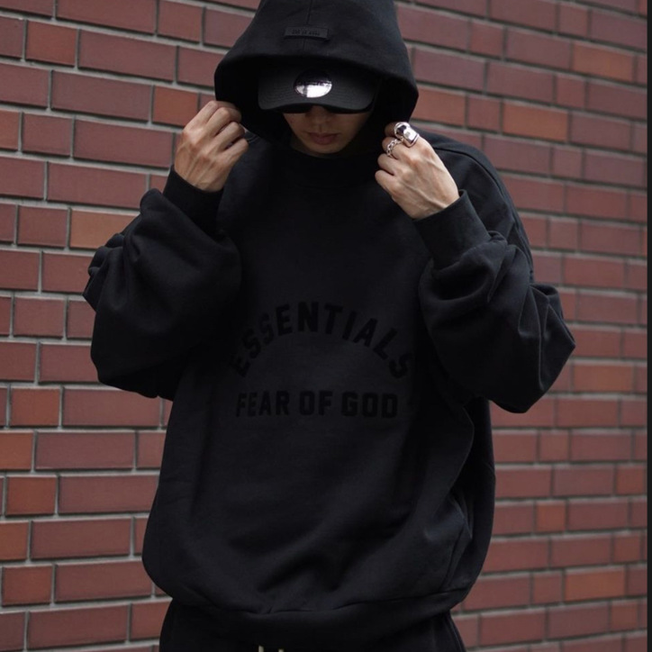 고품질 ESSENTIALS 24년 후드 티셔츠 안개 멀티 라인 하이 스트리트 루즈 캐주얼 블랙 후드 남성용