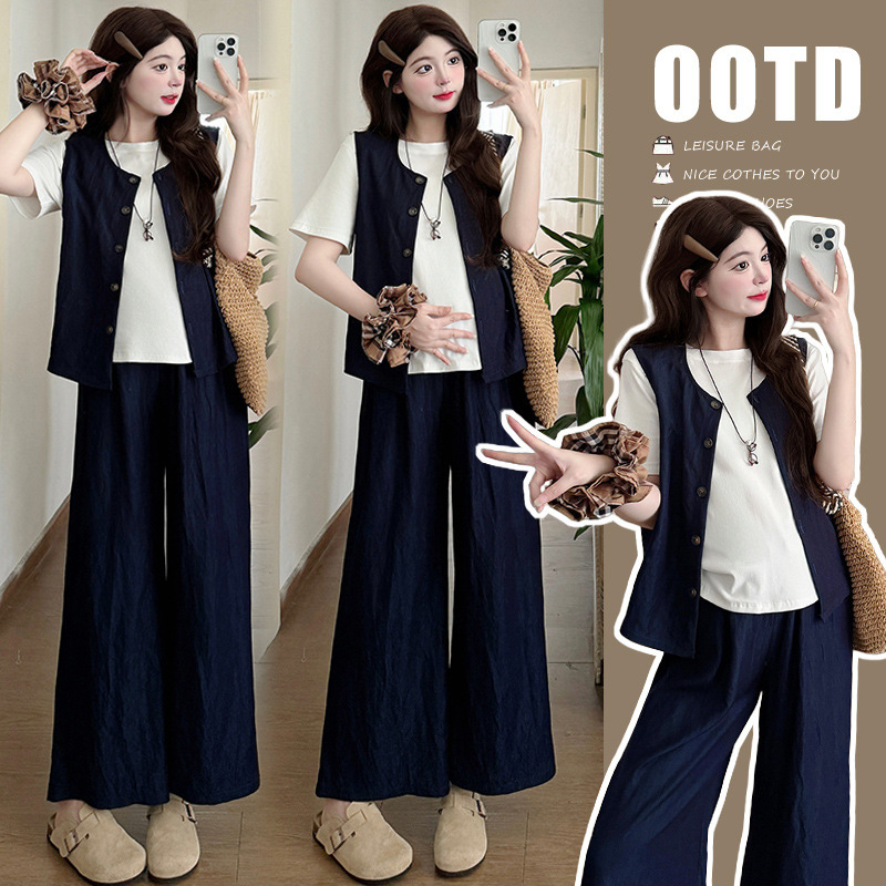Maternity Wear Summer Suit 2025 New Trendy Mom Casual Tops Denim Wide Leg Pants Pregnant Mother High-End Wear Summer