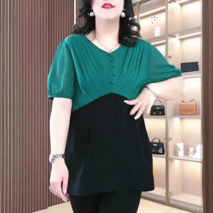 Summer Casual Stylish Fashion All-match Feminine Contrast Small Shirt Short-sleeved Top chubby girl Middle-aged Mother Women's Clothing