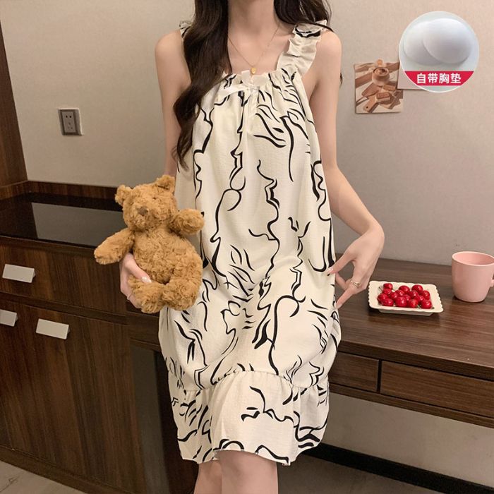 Venta al por mayor transfronteriza nuevo estilo verano honda almohadilla para el pecho pijama mujer lindo dulce y cómodo paño arrugado burbuja camisón de longitud media