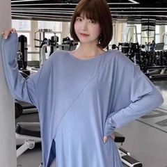 Fitness long sleeve yoga top with split design, sports top for women, loose running hoodie, quick-dry t-shirt for plus-size women