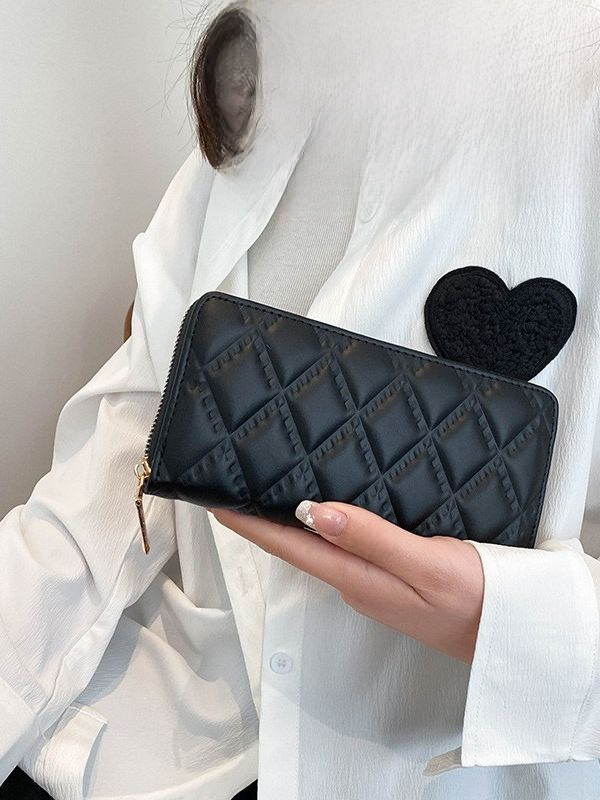 Women's New Model Leather Wallet PU Striped Grooved Medium-Length Zipper Handbag Plain Color Casual Coin Phone Bag
