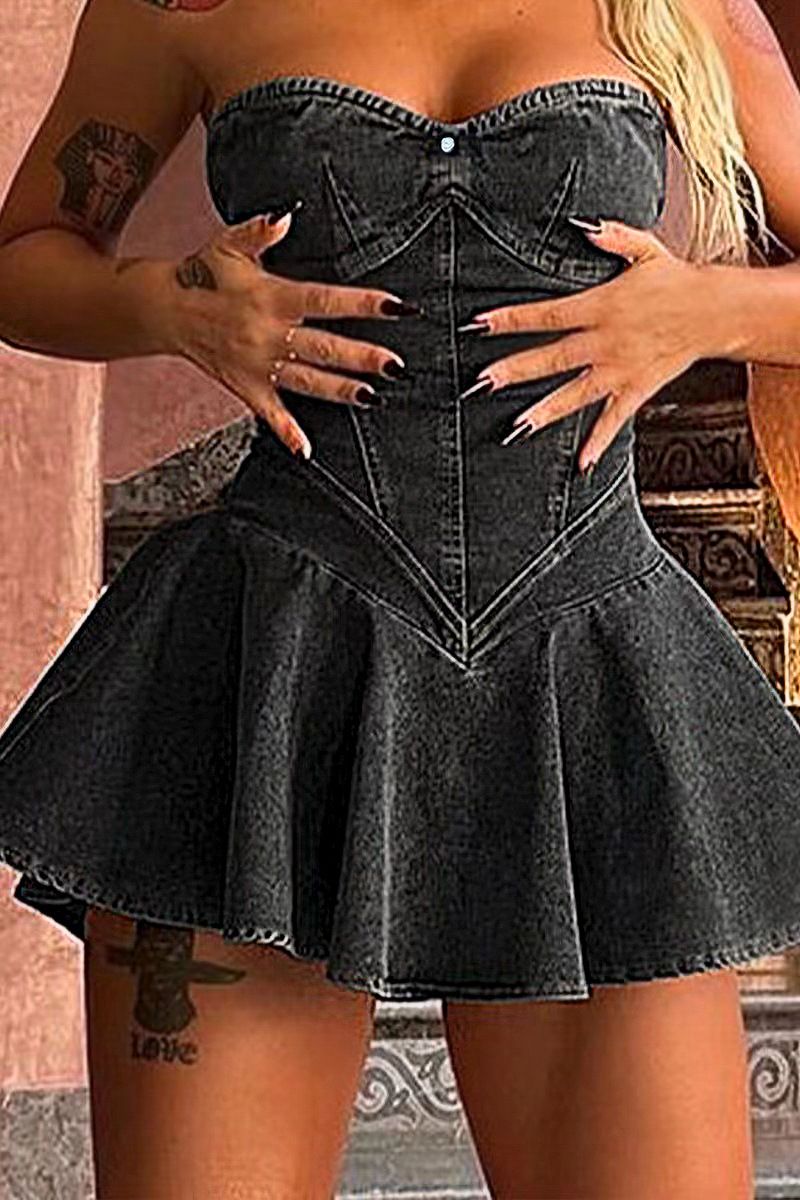 Women's Sleeveless Bust Denim Mini Dress Sexy Hot A-Line American Style Fashion Temperament Dress For Girls_ecoleips.com