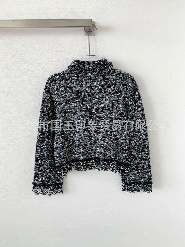 国王印象  秋冬新款翻领粗花呢黑白撞色重工小香风针织外套上衣女|undefined
