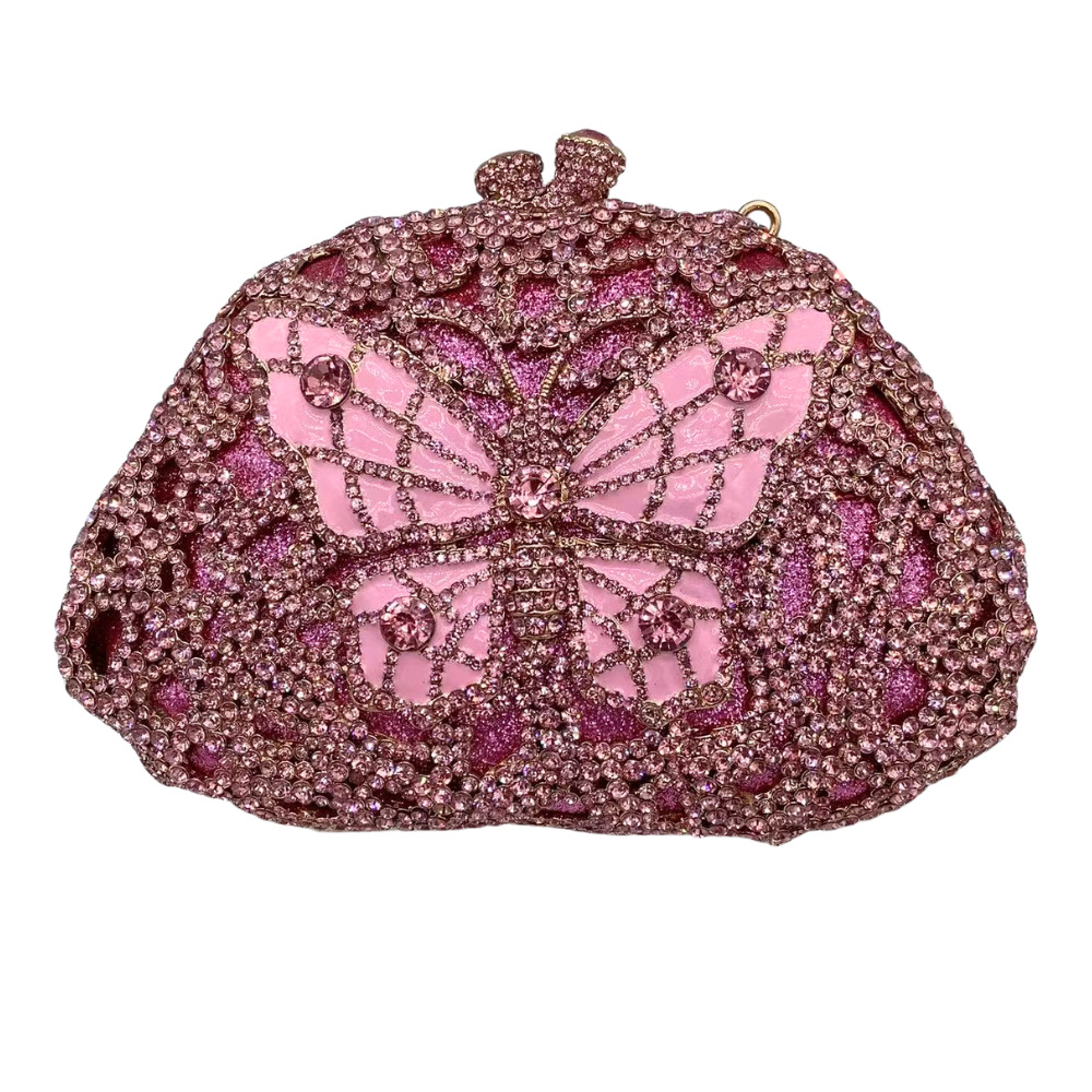 Túi clutch nữ cầm tay đính pha lê hình bướm thủ công dự tiệc — Màu hồng vàng kim, Màu tím hồng, Màu hồng, Màu bạc chi tiết 4