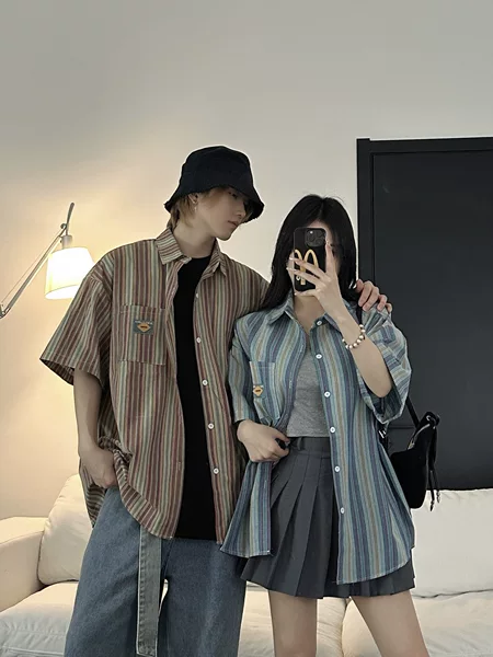 Hepburn Style 2025 Summer New Couple's All-match Retro Niche Design Irregular Striped Shirt for Men and Women