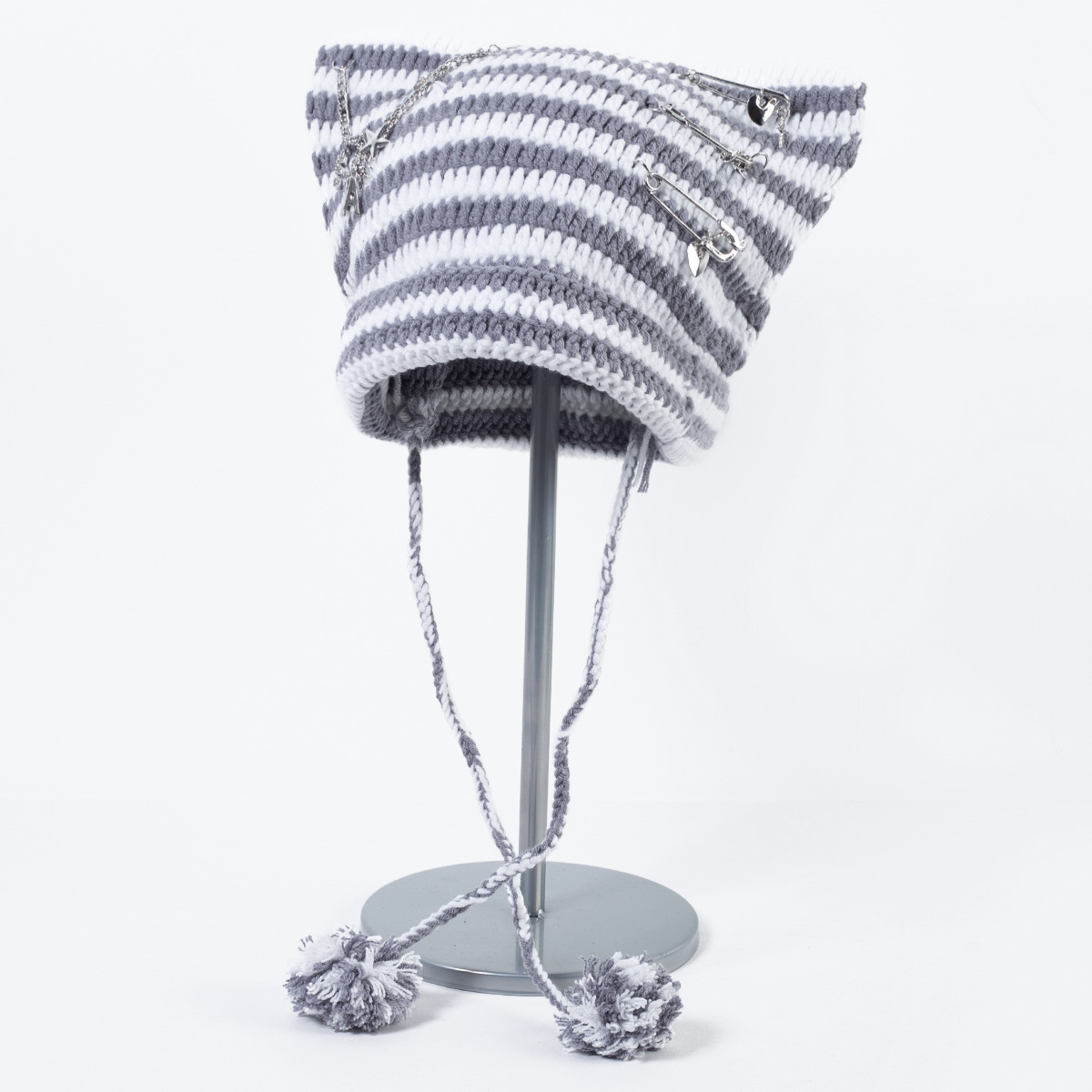 Süße kleine Teufel gestreifte gestrickte Wollmütze weibliche Herbst und Winter coole trendige Katzenohren süße Pullover kalte Mütze_voghion.com