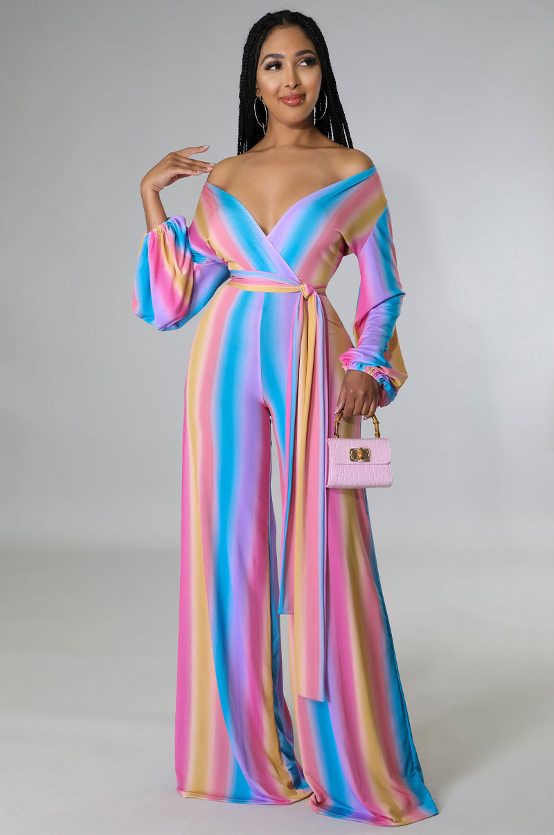 printed V-neck long sleeve high waist wide-leg jumpsuit NSXHX127646