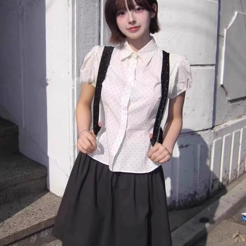Sanwild Summer Sweet Japanese Anime Girl Style Ruffled Collar Slimming Polka Dot Versatile Short-Sleeve Shirt Top Sanwild Summer Sweet Japanese Anime Girl Style Ruffled Collar Slimming Polka Dot Versatile Short-Sleeve Shirt Top