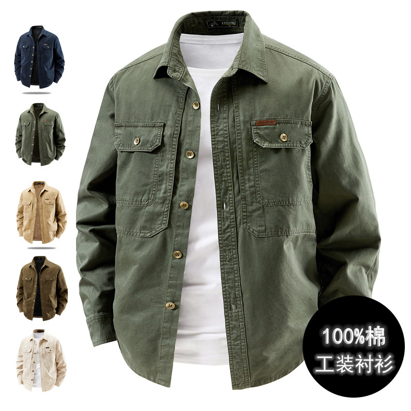 Classic Workwear Long-Sleeved Shirt Spring and Autum Men's Casual Versatile Workwear Washed Shirt Pure Cotton Inch Shirt Can Be Purchased in Groups