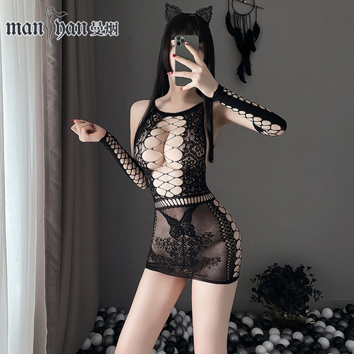 Mannan Erotic Lingerie Sexy Hollow-out Hip-Hugging Fishnet Net Dress Cheongsam Uniform Suit Drop Shipping 7177 Uniform