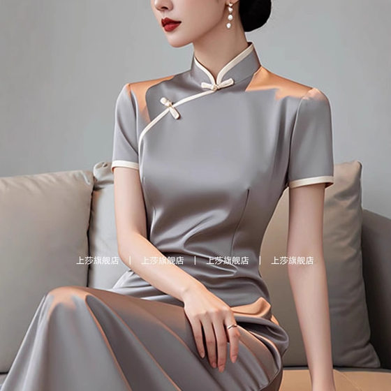 Autumn 8518 New Chinese Style Improved Cheongsam High-end High-class National Style Grey Acetic Acid Satin Dress