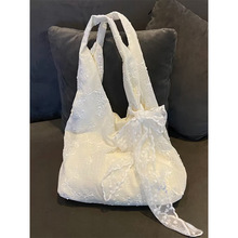 2025夏天新款小清新雪纺小花单肩包蕾丝刺绣帆布包手提腋下托特包