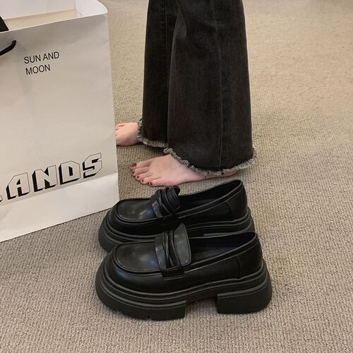 British style small leather shoes women's 2025 new autumn and winter platform sole step-on black loafer single-layer shoes ins