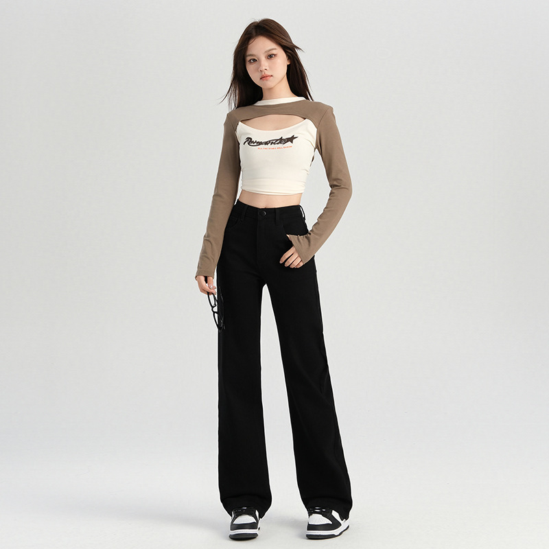 Small Black Jeans Women's 2024 Autumn Slim Leg Straight Simple All-match High Waist Straight Pants Black Cropped