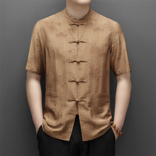 男士衬衫桑蚕丝短袖套装新款中老年男装唐装中国民族风盘扣衬衣