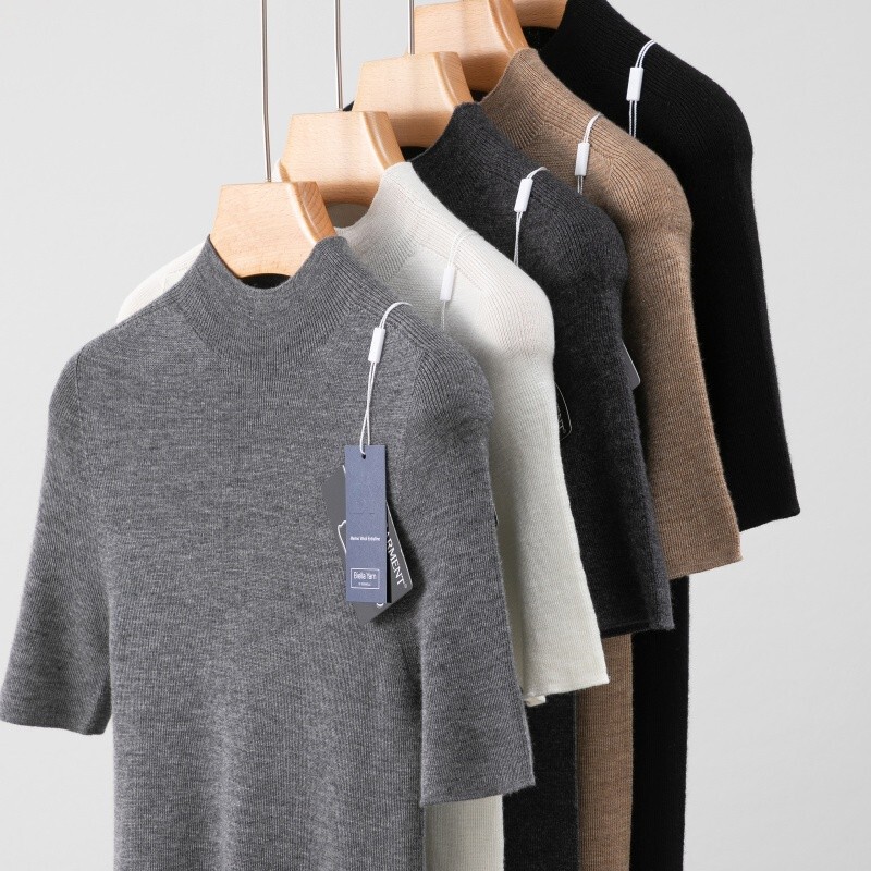 High-End Fine-Spun 100% Fine Wool Half-Turtleneck Knit Short-Sleeve T-Shirt Base Layer Women's Thin Sweater Slim Fit for Commuting