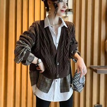 欧洲站洋气早秋新款女装衬衫拼接羊毛针织衫两件套毛衣外套女