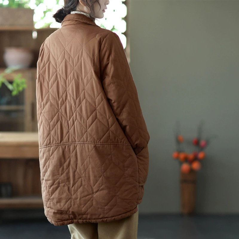 Demi-season long quilted down jacket with diamond pattern, mid-length