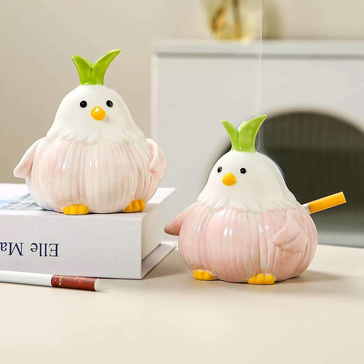 卡通可爱陶瓷蒜鸟烟灰缸家用客厅办公室创意烟灰缸桌面装饰品摆件