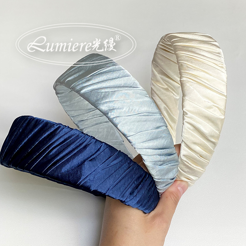 High-End Satin Sapphire Blue Pleated Headband, Fashionable Korean Style Niche Peacock Blue High-Top Headband for Women