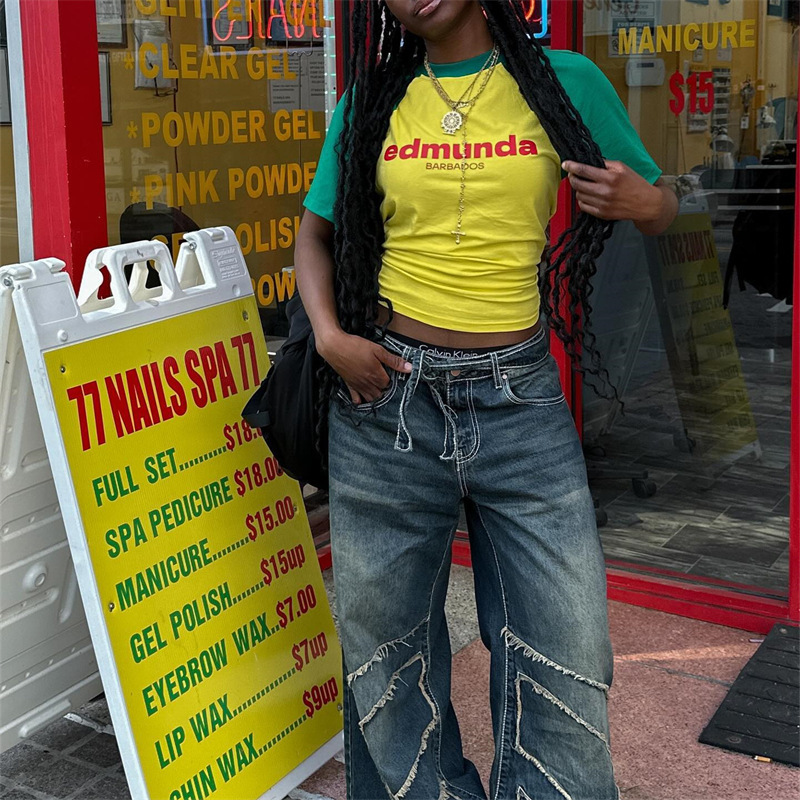 Cross-Border European and American Short-Sleeved Sports Tops Printed Color Matching Summer Casual Shorts Street Retro Round Neck T-Shirt Wholesale