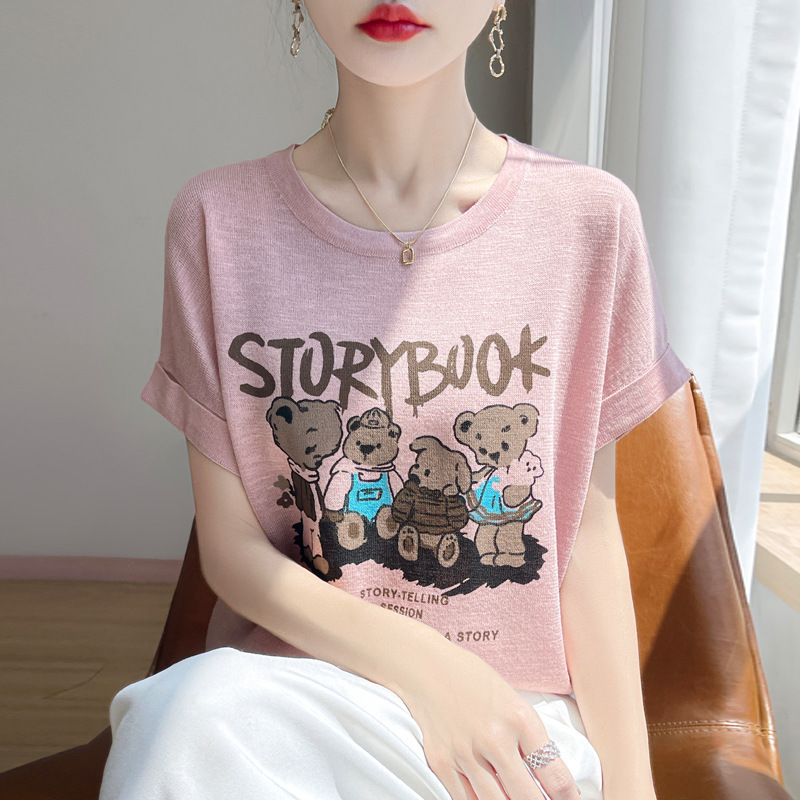[Direct Supply from the Manufacturer] Round Neck Tencel Short-Sleeved T-Shirt for Women Summer New Bear Print Ice Silk Knitwear Top