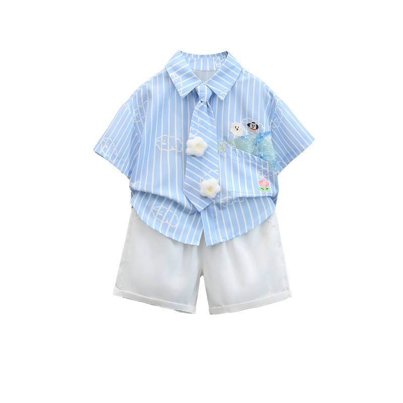 男の子サマースーツ 2025 新しい子供の夏半袖シャツハンサムベビー韓国スタイルルーズツーピーストレンディセット|undefined