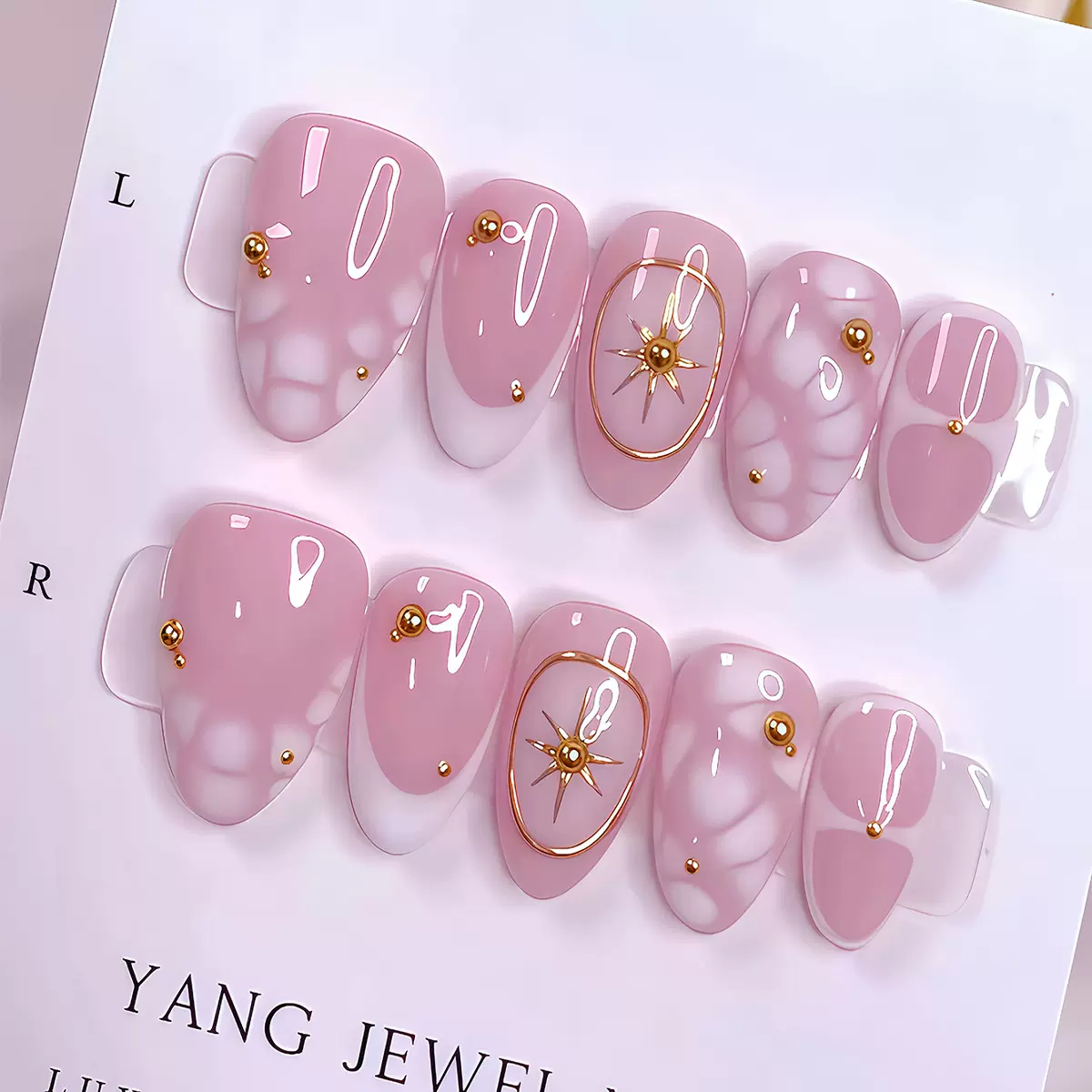 跨境法式斑点蝴蝶结穿戴甲杏仁甜美显白裸粉色穿戴式美甲甲片批发