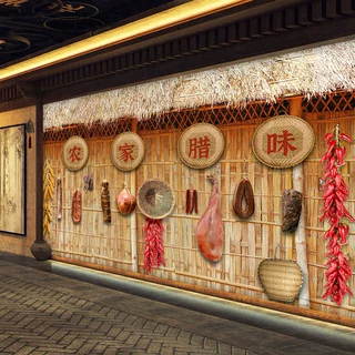 农产品腊肠腊肉腊味直播间背景墙布3D农家老灶台壁纸古代厨房壁纸