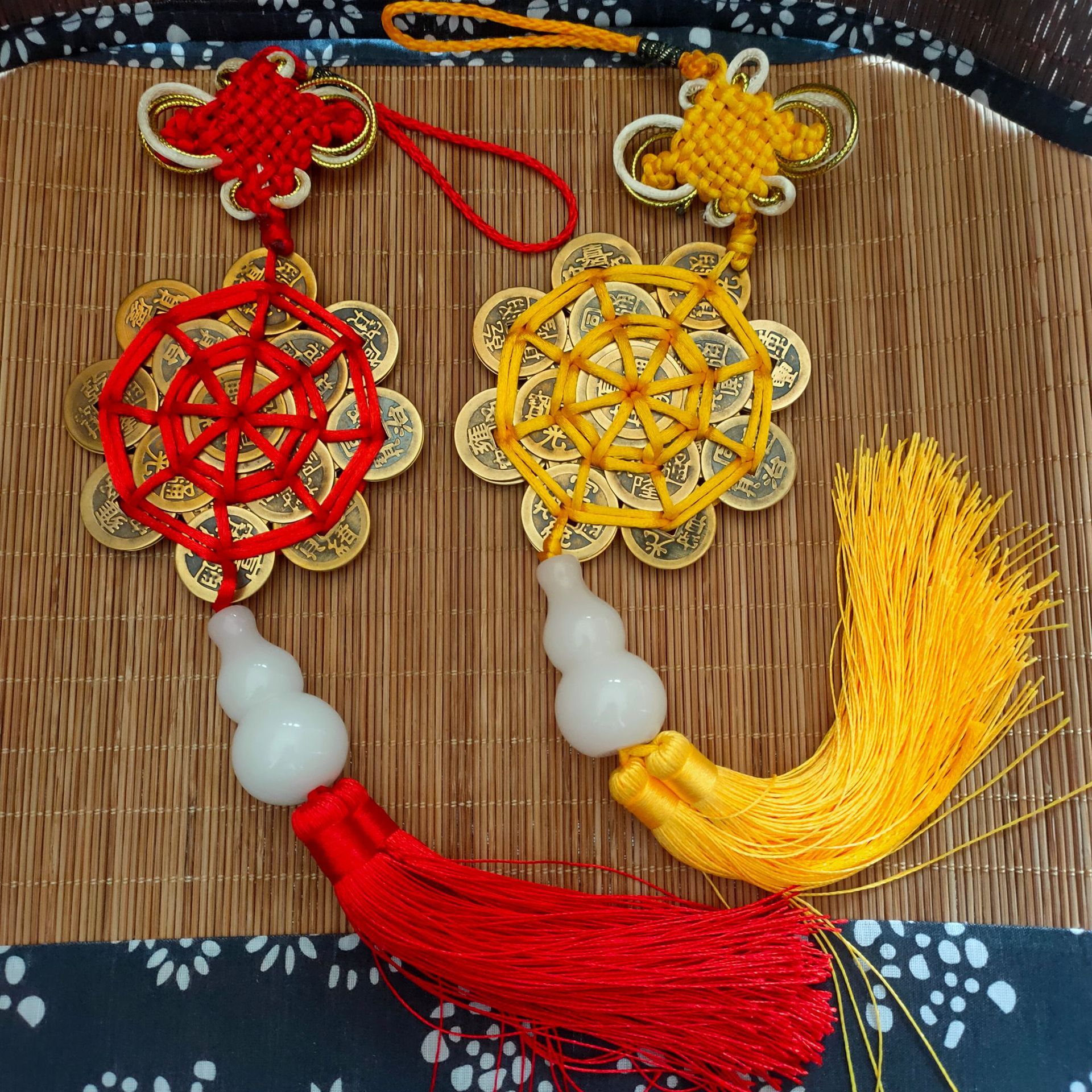 中国结红绳黄绳36帝梅花钱花钱白玉葫芦家居车载挂件五帝钱礼品