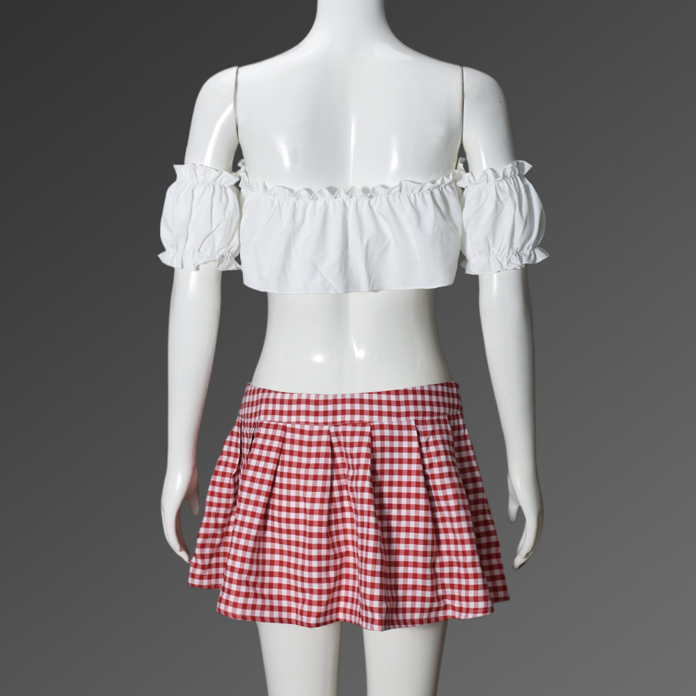 Sexy Cutout Plaid Chest-Wrapped Separated Sleeves Pleated Skirt Women Clothing