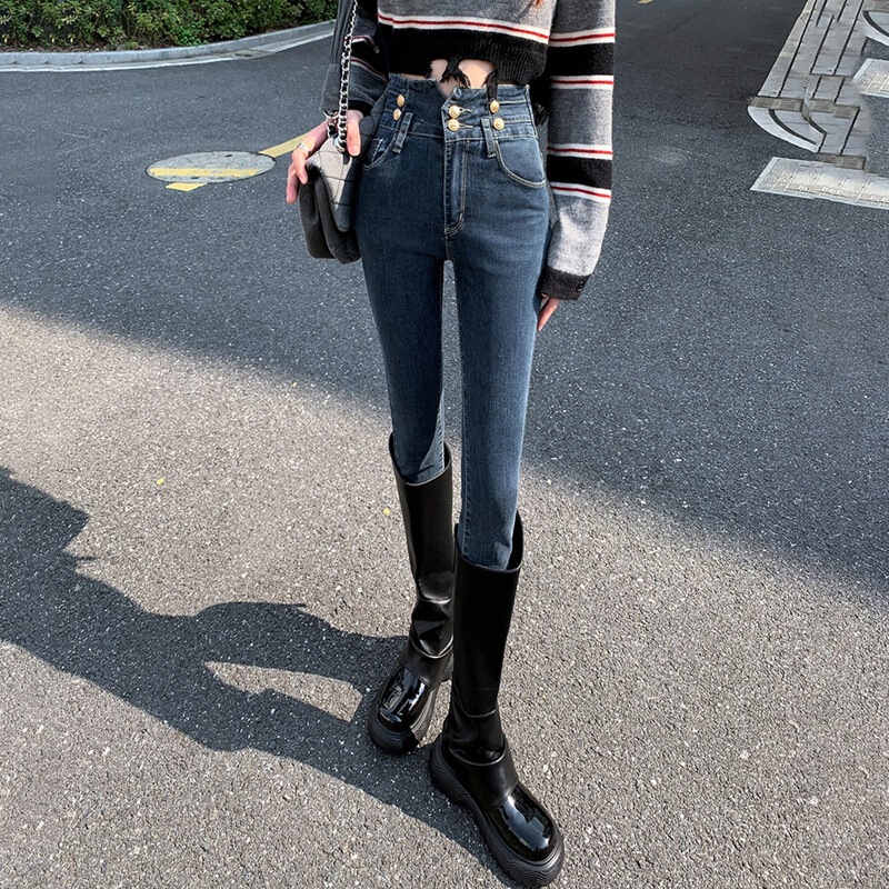 Super high-waisted double row gold button skinny jeans for women, 2026 autumn new style, stretchy slim-fit skinny pencil pants Super high-waisted double row gold button skinny jeans for women, 2026 autumn new style, stretchy slim-fit skinny pencil pants