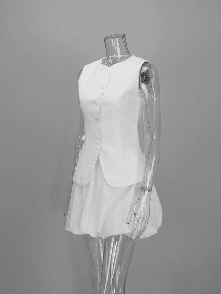 Bộ vest không tay kèm chân váy ngắn dáng hoa hồng thanh lịch — Trắng, màu hồng, quả mơ chi tiết 9