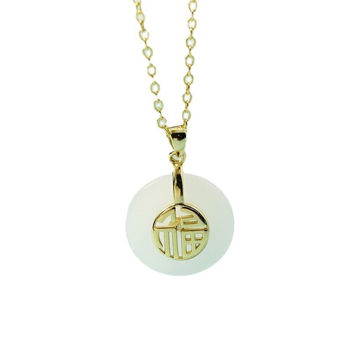  retro fashion temperament versatile safe buckle with blessing word Hetian jade pendant titanium steel necklace clavicle chain for women trend