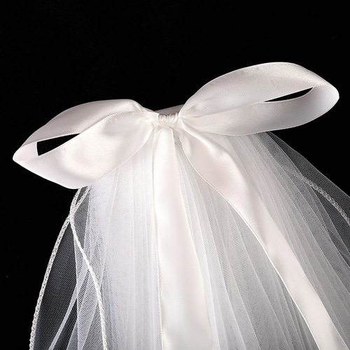 Bridal veil double-layered bow ceremonial curling nail pearl veil children's photo ribbon veil party event
