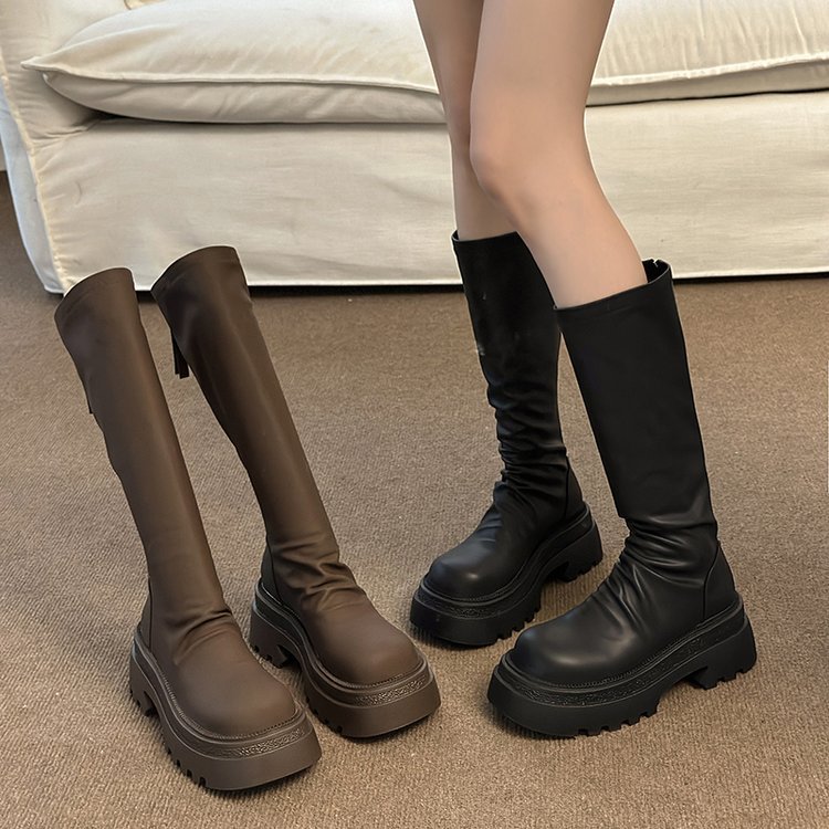 Moteriški storapadiai platforminiai aulinukai iki kelių 2023 m. rudens ir žiemos madingi klostuoti aulinukai iki kelių, ploni, elastingi aulinukai_voghion.com