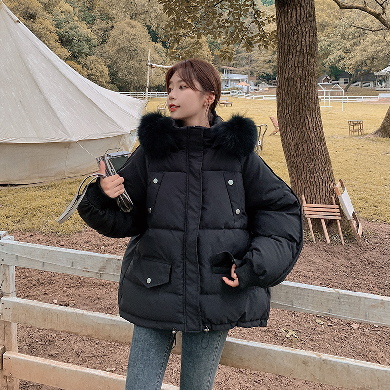 Chaqueta de algodón de plumón al por mayor transfronteriza para mujer invierno nuevo estilo coreano suelto estudiante corto cuello de piel grande chaqueta de pan chaqueta acolchada de algodón de moda