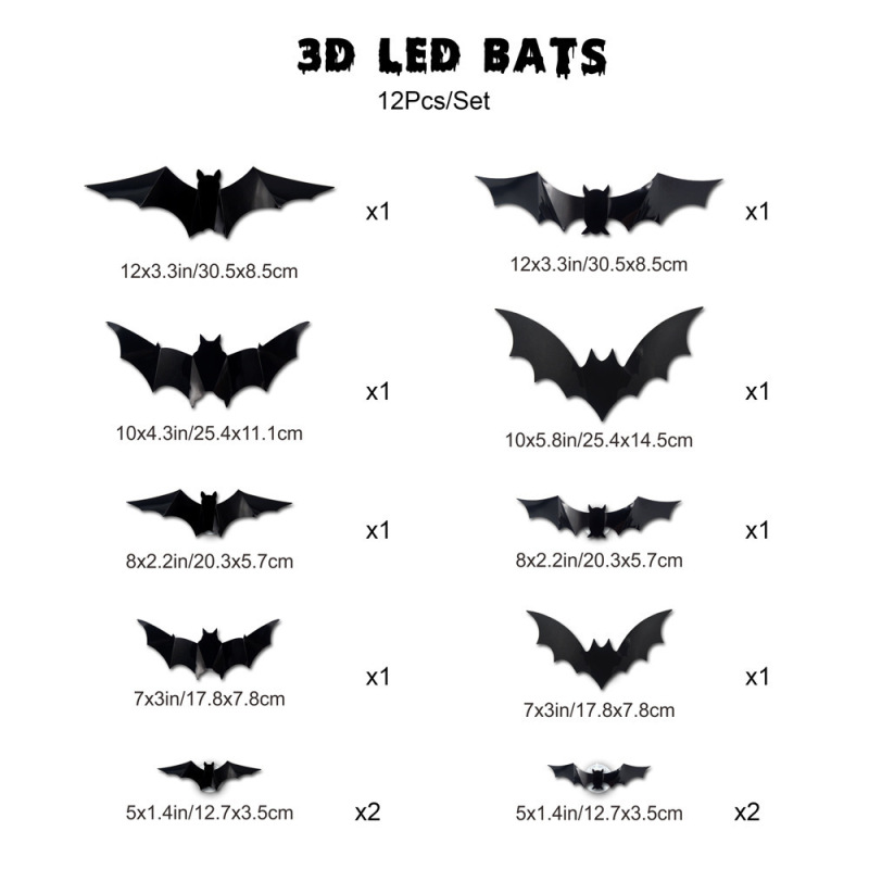 新しいハロウィン夜光コウモリ3D立体黒コウモリウォールステッカー、ハロウィンパーティーの雰囲気作りに光るコウモリ|undefined