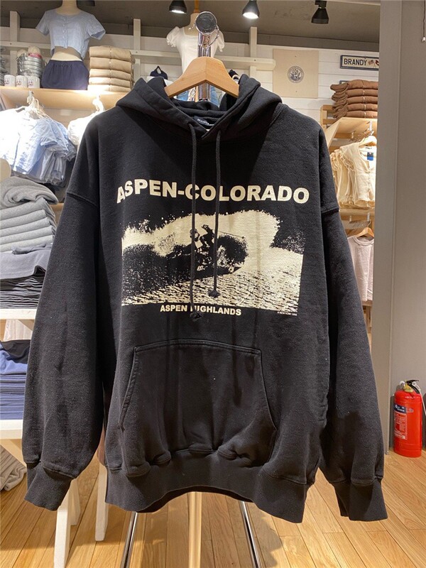 BM Style Brandy Same Style American Style Vintage ASPEN Ski Print bm Hooded Sweatshirt Loose Kangaroo Pocket Jacket