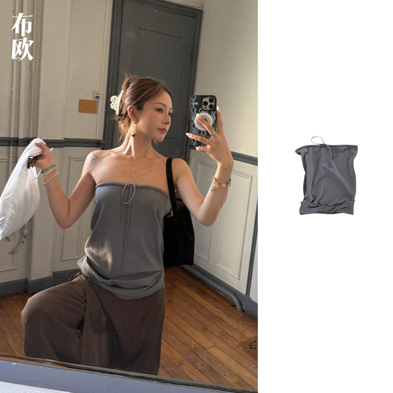 Nana's Same Style/Wool Lace-Up Bow Tube Top Niche Design Elegant Pure Color Versatile Top for Women