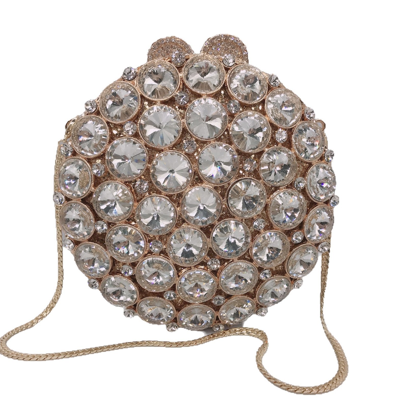 Nuevo paquete de cena de cristal redondo transfronterizo con diamantes bolsas tridimensionales bolsas de banquete europeas y estadounidenses con diamantes completos bolsas de mano clutch new