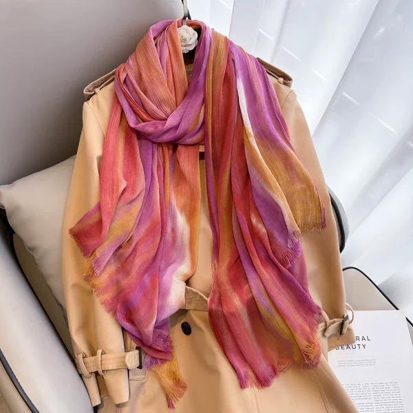 New Casual Versatile Rayon Tie-Dye Scarf, Ultra-Soft Cotton Feel, Color-Blocking, High-End Pleated Shawl Long Scarf