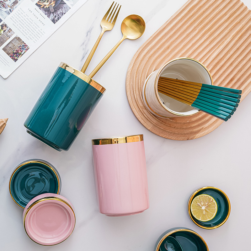 Nórdico borde dorado palillos de cerámica titular hogar a prueba de moho palillos jaula de almacenamiento estante creativo cocina vajilla cuchillo, tenedor y cuchara tubo de drenaje