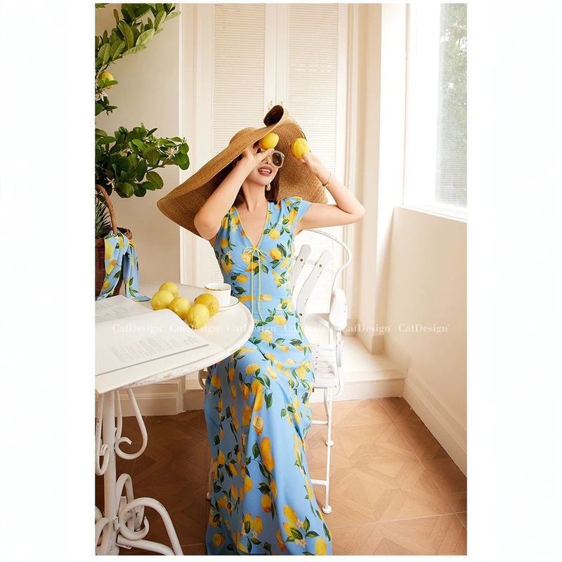 Silk Lemon French Romantic Summer Vacation Floral Bias-Cut Fishtail Dress Mulberry Silk V-Neck Vintage Dress